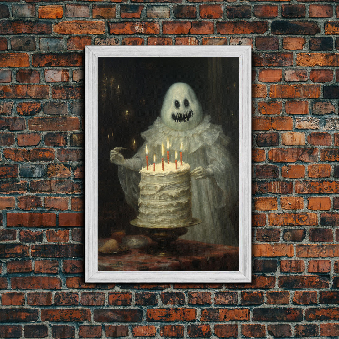 The Ghost And The Cake, Funny Halloween Art, Framed Canvas Print