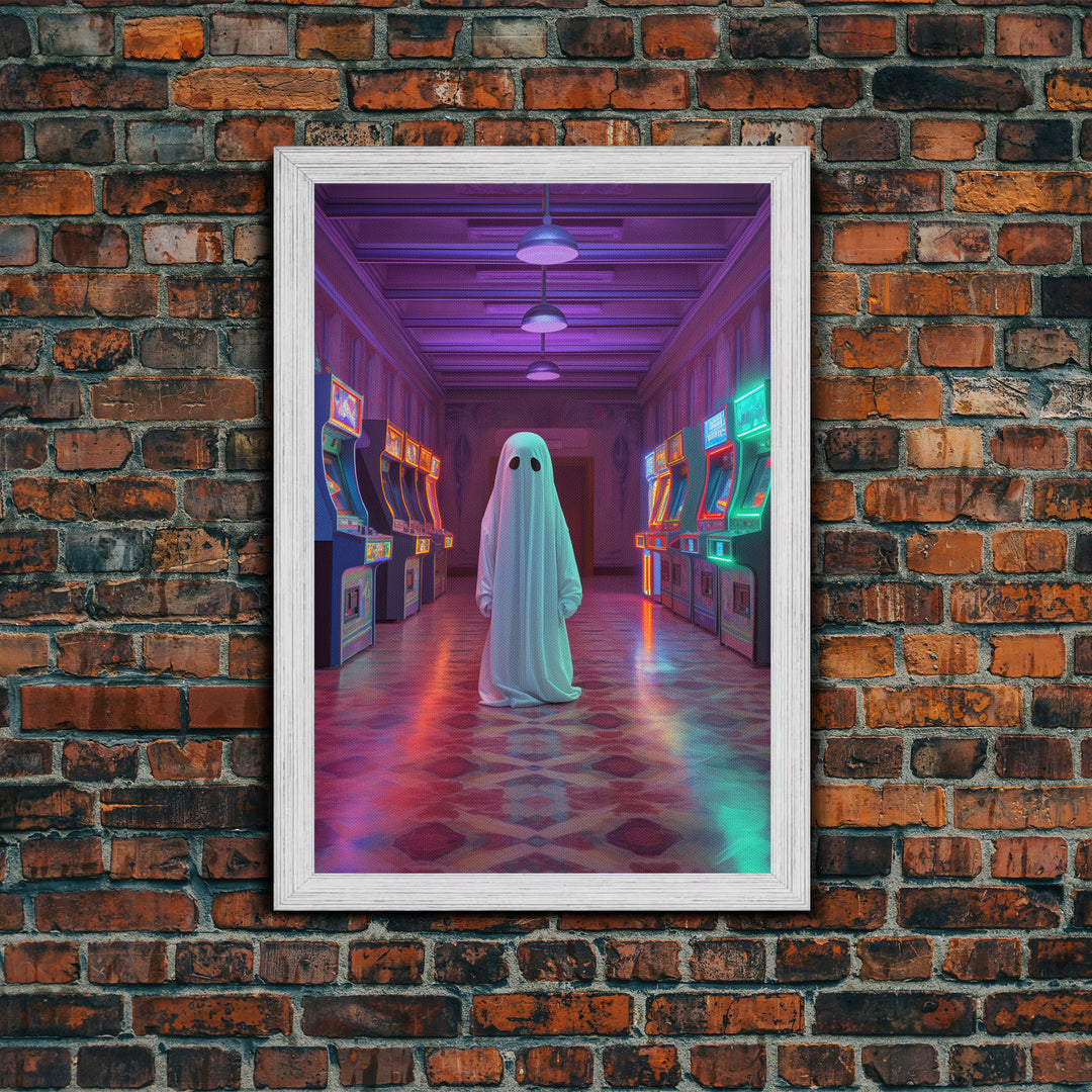 The Phantom Of The Arcade, Framed Canvas Print, Retro Vaporwave Halloween Mashup Art, Halloween Canvas Prints