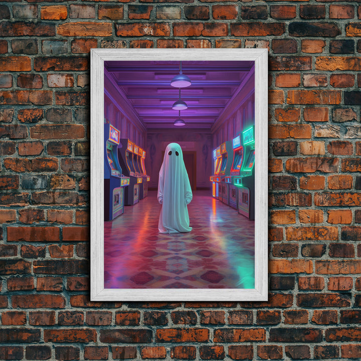 The Phantom Of The Arcade, Framed Canvas Print, Retro Vaporwave Halloween Mashup Art, Halloween Canvas Prints