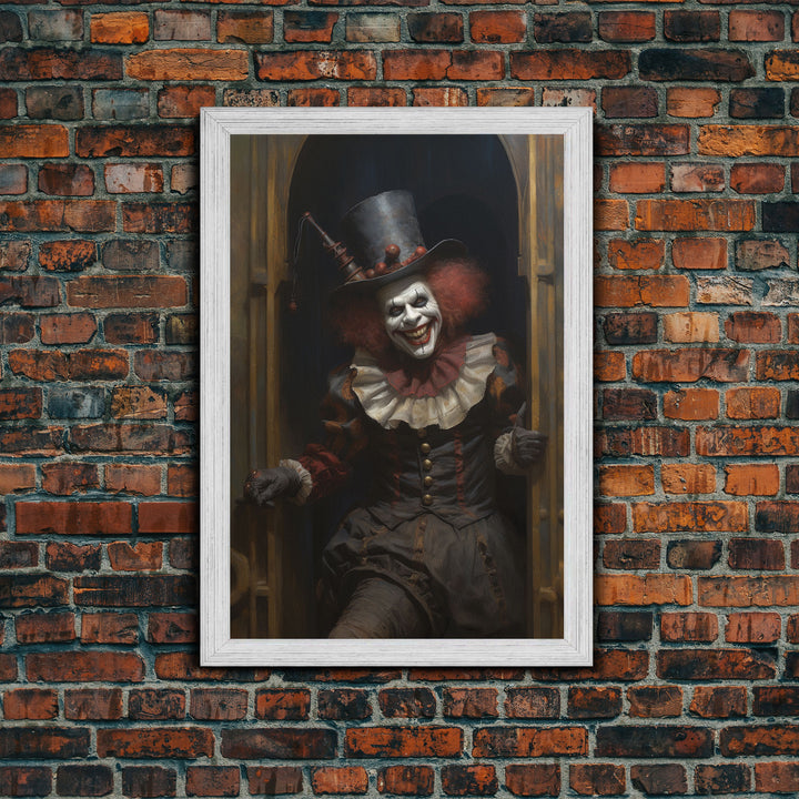 Scary Victorian Clown, Coulrophobia, Framed Canvas Print, Victorian Gothic Halloween Art, Oddities and Curiosities, Halloween Decoration