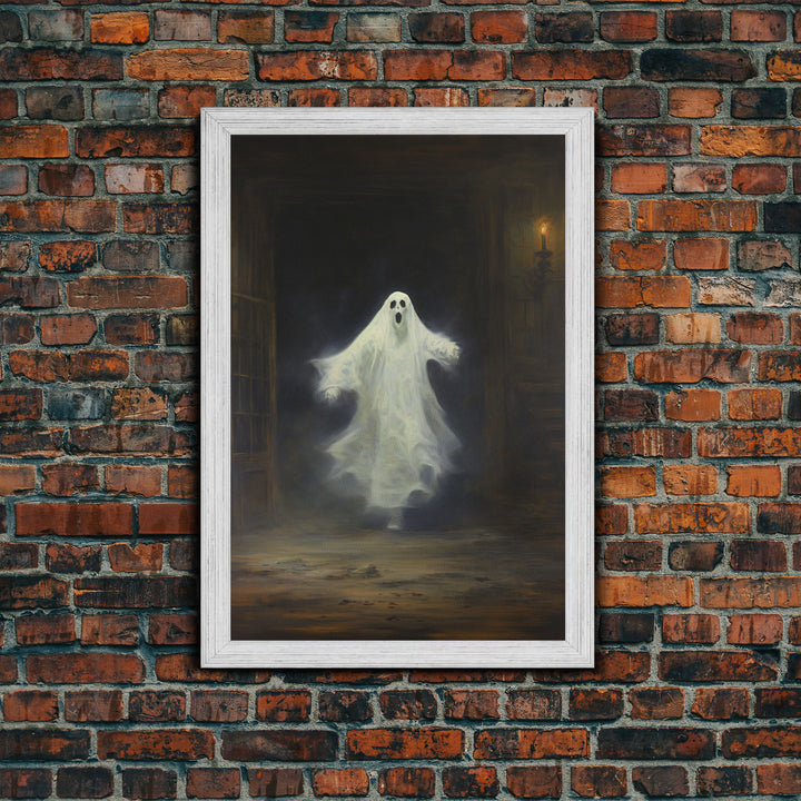 The Haunted Library, Spooky Gothic Victorian Ghost, Halloween Decor, Framed Canvas Print, Halloween Canvas Art