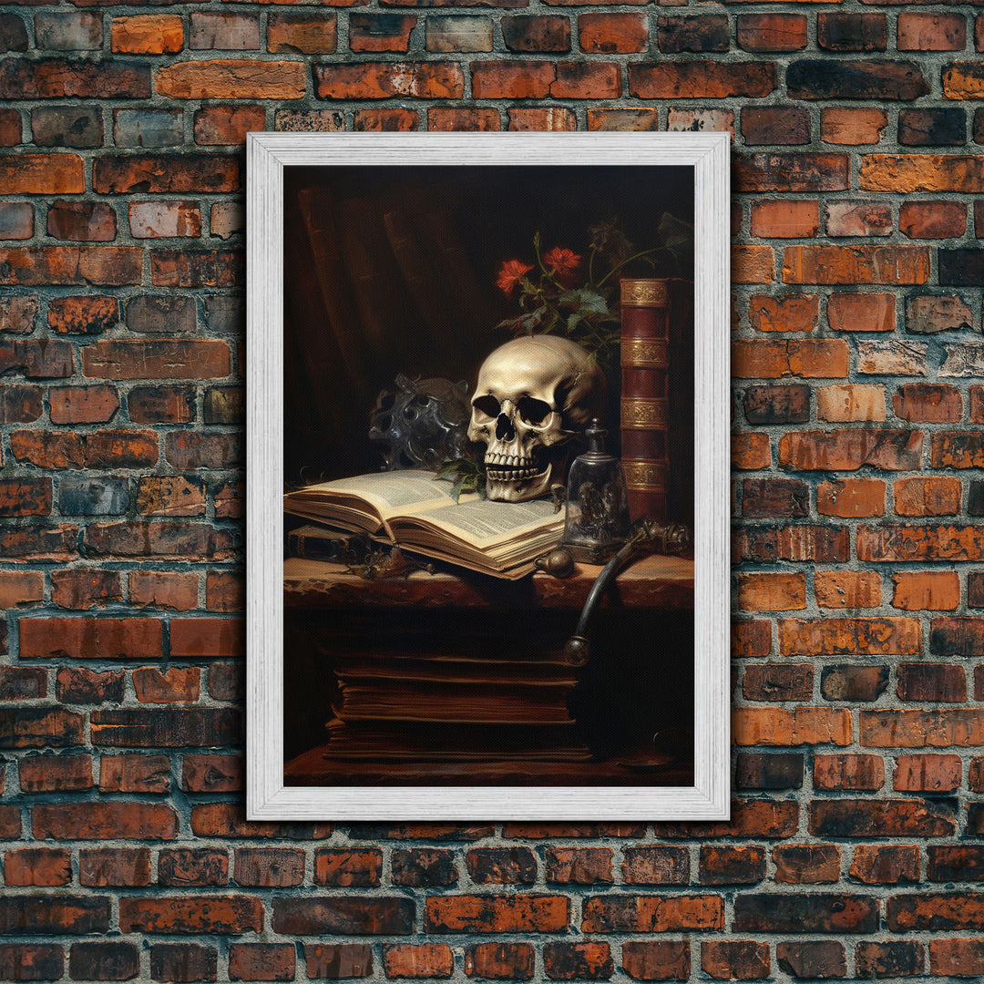 Victorian Book Shelf With Skull, Vintage Canvas, Art Canvas Print, Dark Academia, Gothic Victorian, Reading Gifts, Halloween Decoration