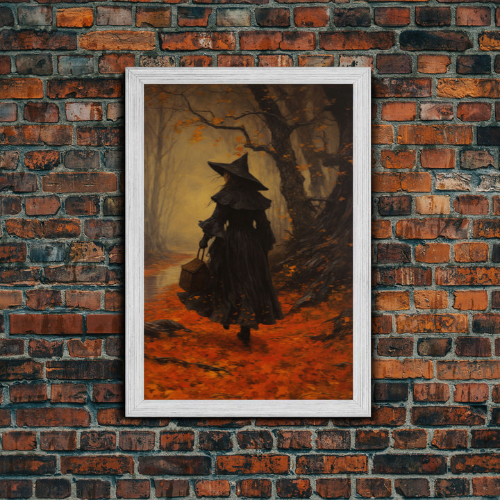 The Witch, Witch Decor, Halloween Witch, Framed Canvas, Retro Hallowen Wall Art, Halloween Canvas, Witch Painting, Fall Decor, Fall Leaves