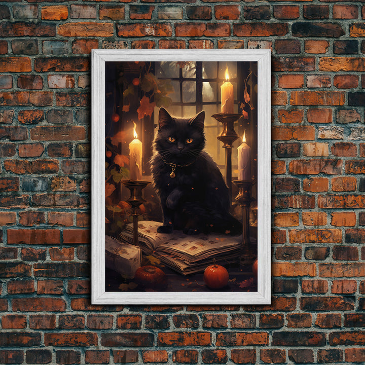 Black Cat Art, Framed  Canvas Print, Halloween Canvas Print, Goth Art, Dark Academia, Fall Decor, Witchy Vibes