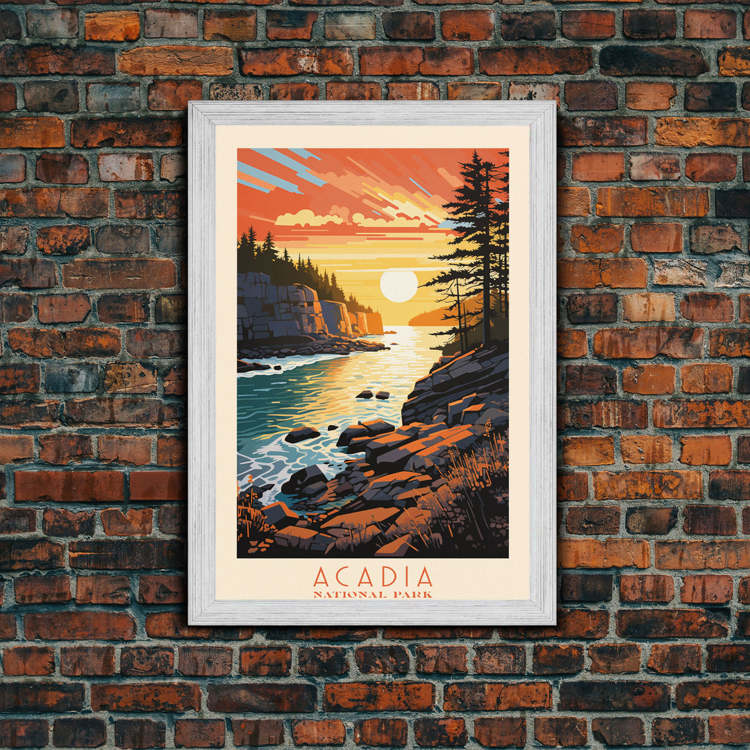 Acadia National Park, Framed Wall Art Canvas Print, Travel Poster, Travel Art, Roadtrip Decor, Cool Wall Art, Retro State Park Art