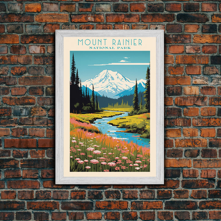 Mount Rainier National Park Washington Travel Art, National Park Print, Minimalist Travel Art, Midcentury Modern Style Landscape Painting