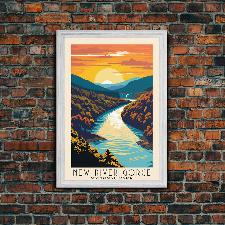 New River Gorge National Park Travel Art, National Park Print, Minimalist Travel Art, Midcentury Modern Style Landscape Painting