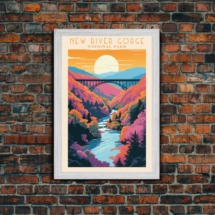 New River Gorge National Park Travel Art, National Park Print, Minimalist Travel Art, Midcentury Modern Style Landscape Painting