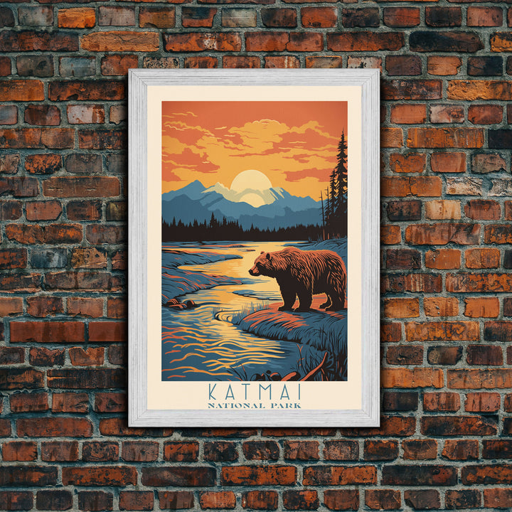 Katmai National Park Alaska Travel Art, National Park Print, Minimalist Travel Art, Midcentury Modern Style Landscape Painting