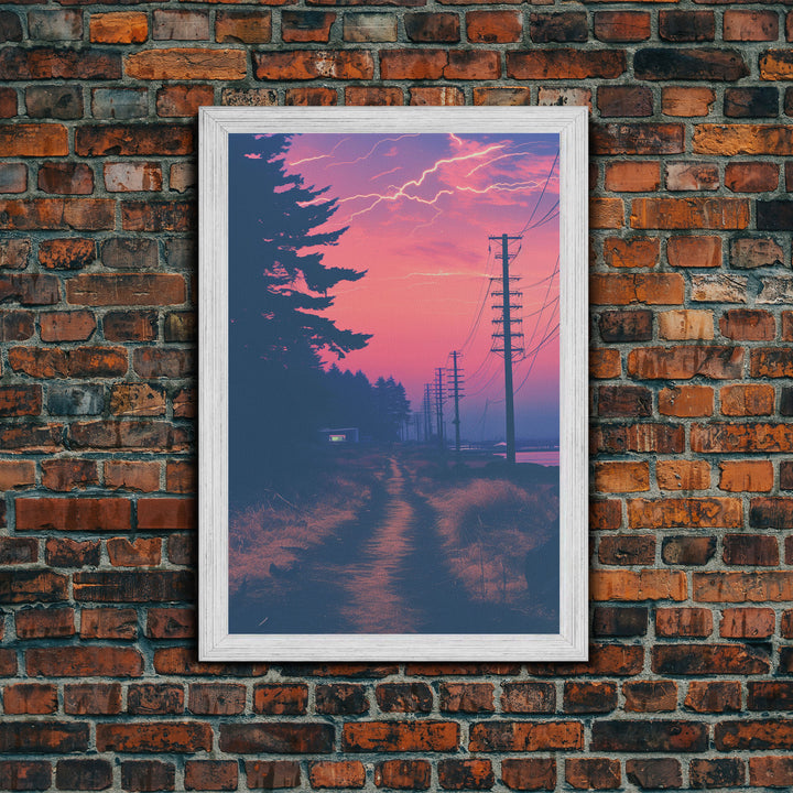 Lightning At Sunset, Framed Canvas Print, Vaporwave Aesthetic Wall Art, Liminal Spaces Photography Print, Dorm Room Decor, Retro Art