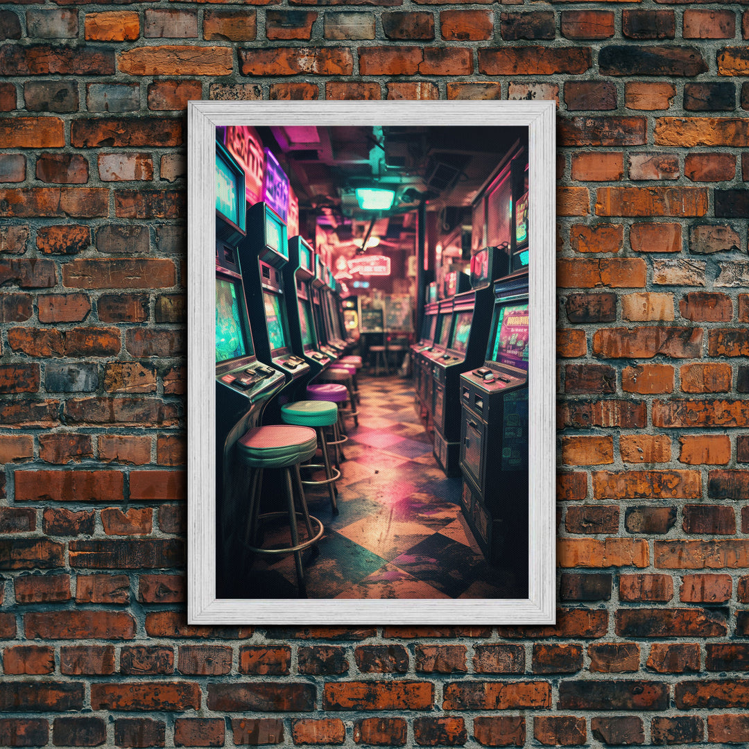 An Abandoned Game Room, Framed Canvas Print, Vaporwave Photography Fine Art Print, Aesthetic Decor, Colorful Art, Arcade Room Art