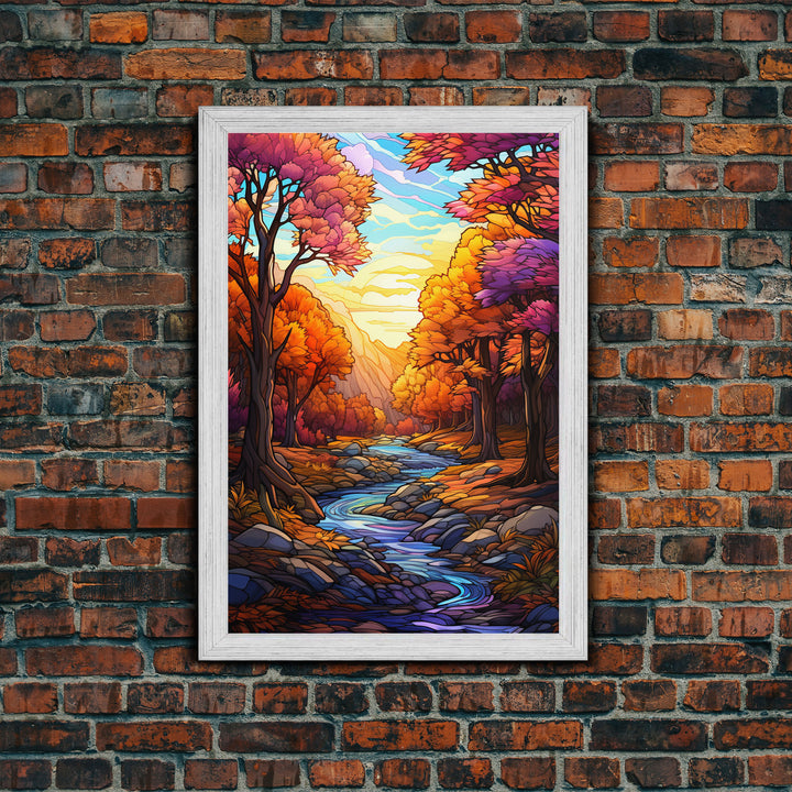 Beautiful Fall Decor, Framed Canvas Print, Mosaic / Stained Glass Style Painting, Gliclee Print, Autumn Decor, Thanksgiving Decorations