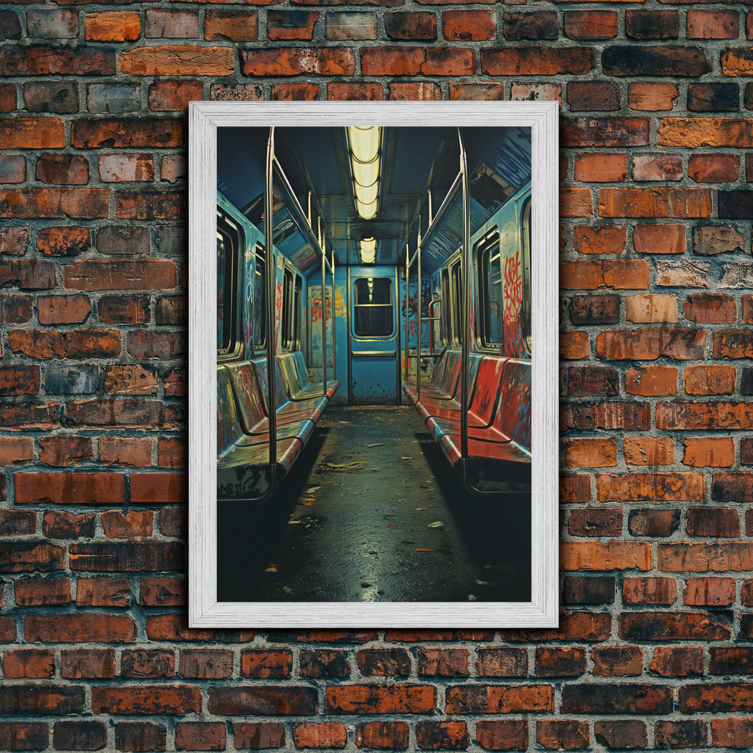 Urban Decay, Abandoned Subway Car Photography Framed Canvas Print, 1970s NYC Subway Car, Graffiti Art