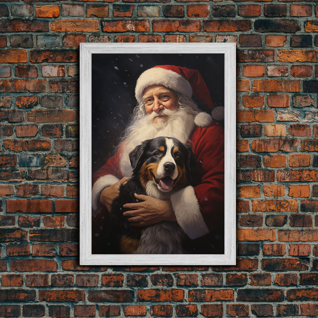 Santa Claus and his Bernese Mountain Dog, Cute Dog Art, Framed Canvas Print, Christmas Art, Christmas Decor, Christmas Art Print, Cute Dog