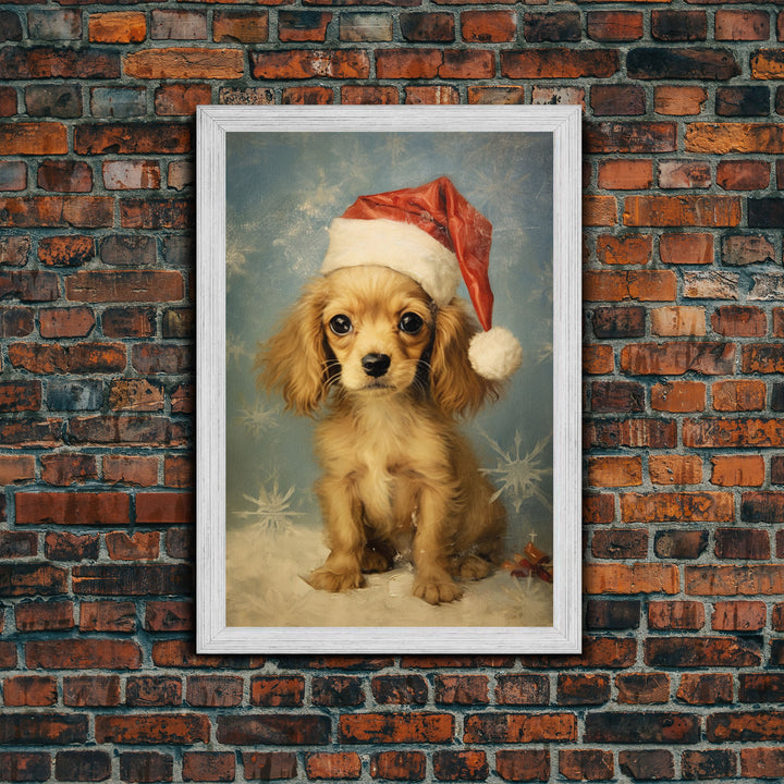 Cocker Spaniel Puppy In A Santa Hat, Framed Canvas Print, Christmas Decor, Holiday Decor, Seasonal Wall Decor, Farmhouse Christmas