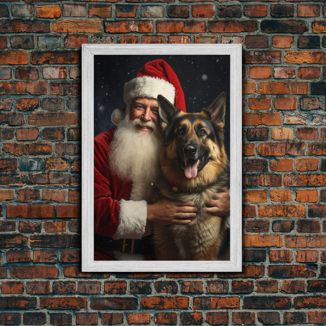 Santa Holding A German Shepherd, Framed Canvas Print, Christmas Wall Art, Xmas Art, Christmas Art Print, Santa Decor, Farmhouse Christmas