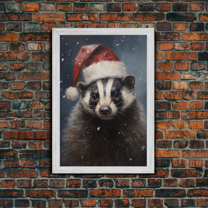 Cute Christmas Badger In A Santa Hat, Framed Canvas Print, Christmas Art, Christmas Decor, Christmas Art Print, Christmas Wall Art