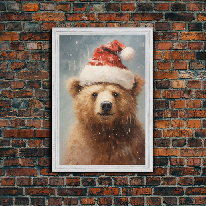 Cute Christmas Bear In A Santa Hat, Framed Canvas Print, Christmas Art, Christmas Decor, Christmas Art Print, Christmas Wall Art