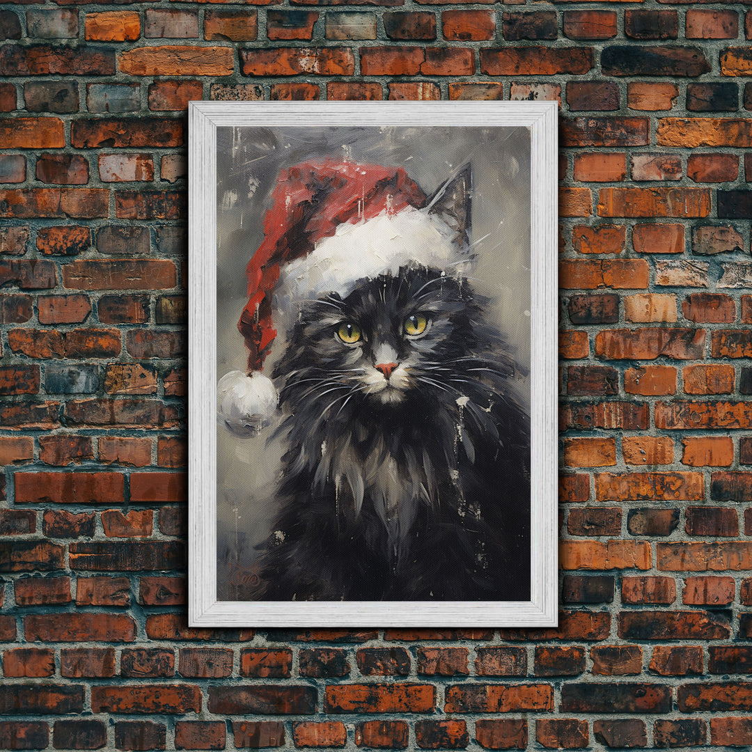 Christmas Cat In His Christmas Hat, Framed Canvas Print, Holiday Decor, Framed Canvas Print, Seasonal Wall Art