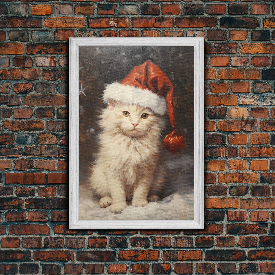 Christmas Cat In A Christmas Hat, Farmhouse Christmas, Farmhouse Decor, Framed Canvas Print, Seasonal Wall Art, Winter Decor, Christmas Art