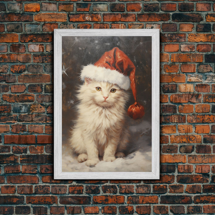 Christmas Cat In A Christmas Hat, Farmhouse Christmas, Farmhouse Decor, Framed Canvas Print, Seasonal Wall Art, Winter Decor, Christmas Art