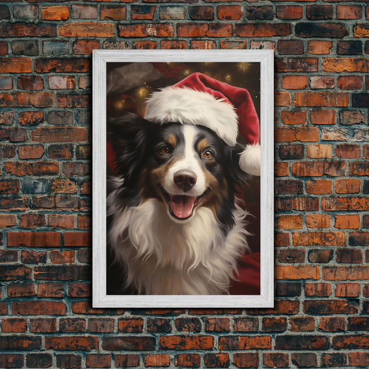 Cute Border Collie In A Santa Hat, Framed Canvas Print, Christmas Decor, Holiday Decor, Seasonal Wall Decor, Farmhouse Christmas