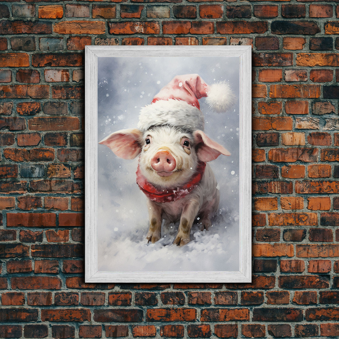 Cute Christmas Pig In A Santa Hat, Christmas Art, Christmas Decor, Christmas Wall Art, Farmhouse Christmas, Vintage Christmas, Pig Print