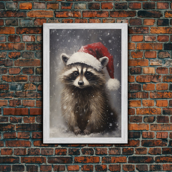 Cute Christmas Raccoon In A Santa Hat, Christmas Art, Christmas Decor, Christmas Wall Art, Farmhouse Christmas, Vintage Christmas Raccoon