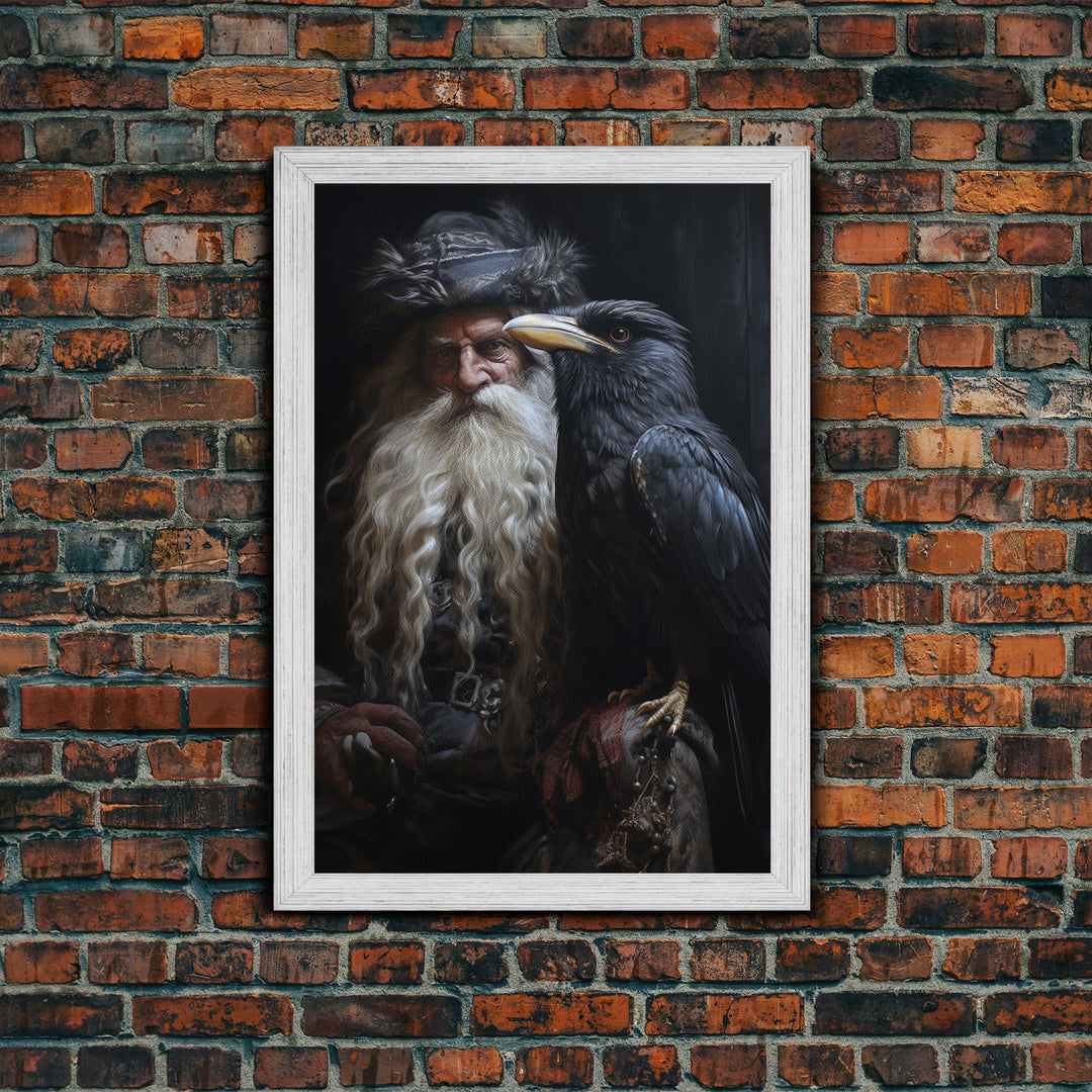 Gothic Santa and his Raven, Framed Canvas Print, Christmas Decor, Farmhouse Christmas, Gothic Christmas, Santa Art Print, Crow Print