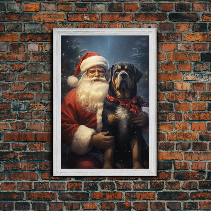 Santa Holding A Rottweiler, Framed Canvas Print, Christmas Wall Art, Xmas Art, Christmas Art Print, Santa Decor, Farmhouse Christmas