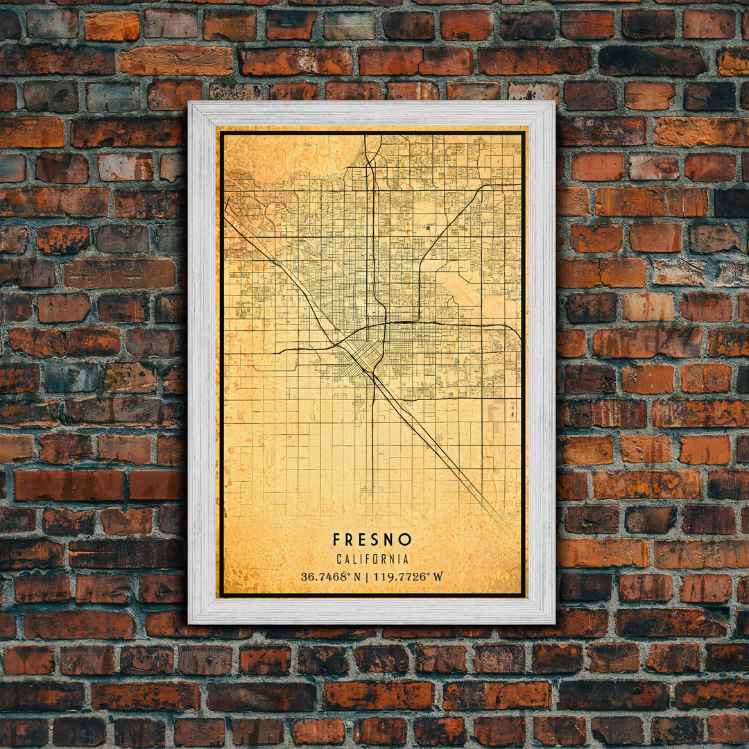 Distressed Fresno California Map, Framed Canvas Print Or Poster, California Map Print, Freso City Wall Art Map Print, Rustic Map Art