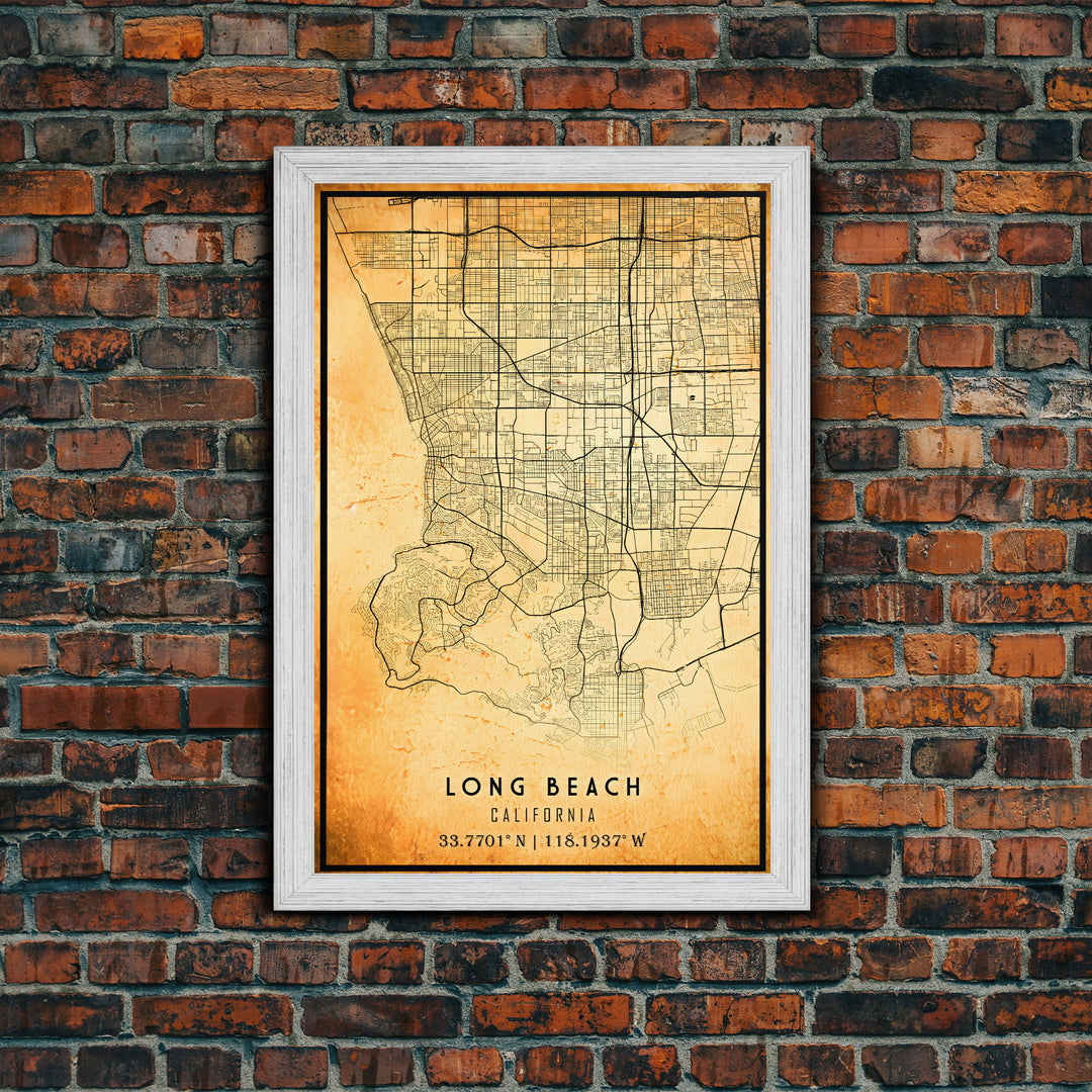 Long Beach map print poster or framed canvas | California map print poster canvas | Long Beach city map print poster canvas, distressed map