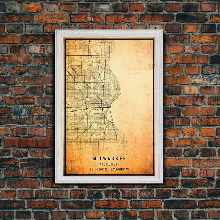 Milwaukee Wisconsin Street Map Wall Art, Framed Canvas Print, Wisconsin Map Print Poster and Canvas, Milwaukee City Office Wall Art