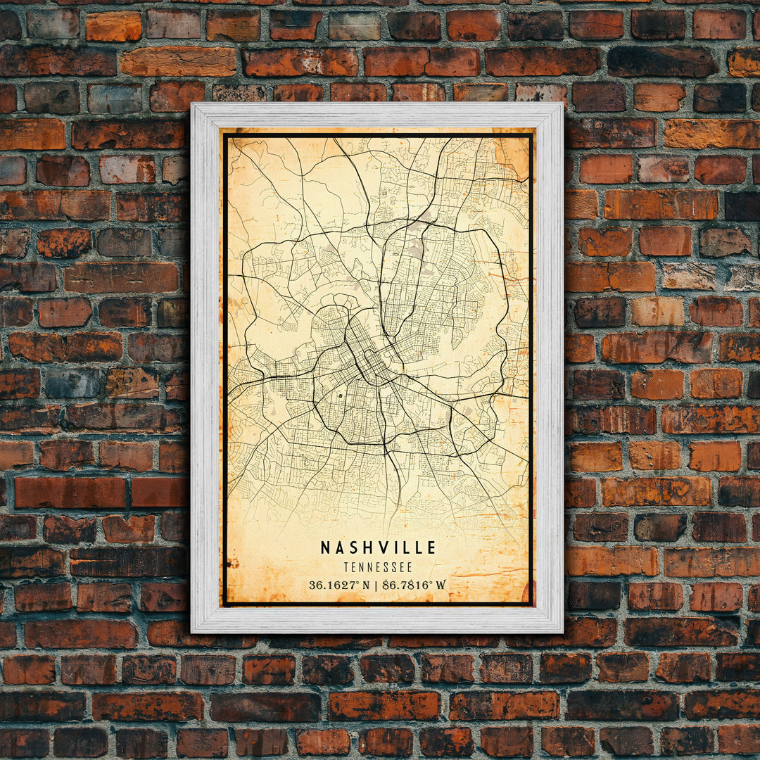 Nashville Map Print, Framed Canvas Wall Art, Tennessee Street Map Art, Davidson City Street Road Map Wall Decor