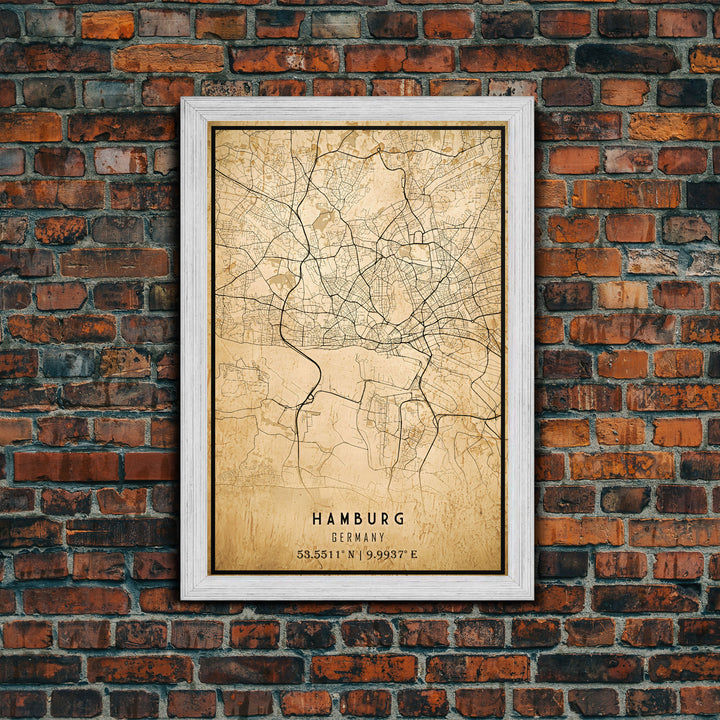 Old Hamburg Germany City Map Wall Art Canvas Print, Vintage Style Hamburg Map, Framed Wall Art, Cool Hamburg Wall Art, Office Art