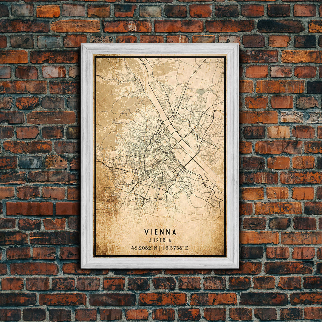 Vintage Vienna City Map Wall Art Canvas Print, Distressed Style Vienna Austria Map, Framed Wall Art, Cool Vienna Travel Wall Art, Office Art