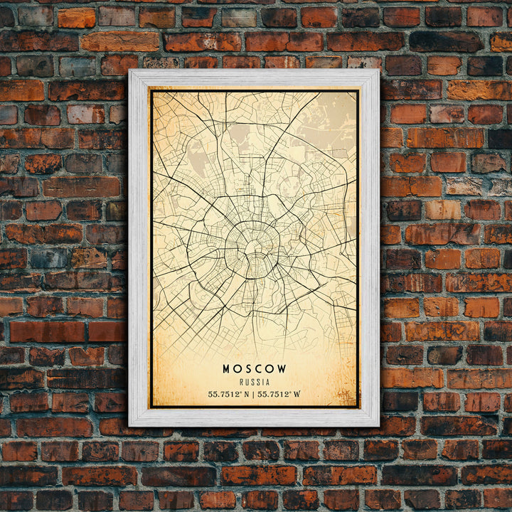 Vintage Style Moscow City Map Wall Art Canvas Print, Distressed Moscow Russia Map, Framed Wall Art, Cool Moscow Travel Wall Art, Office Art