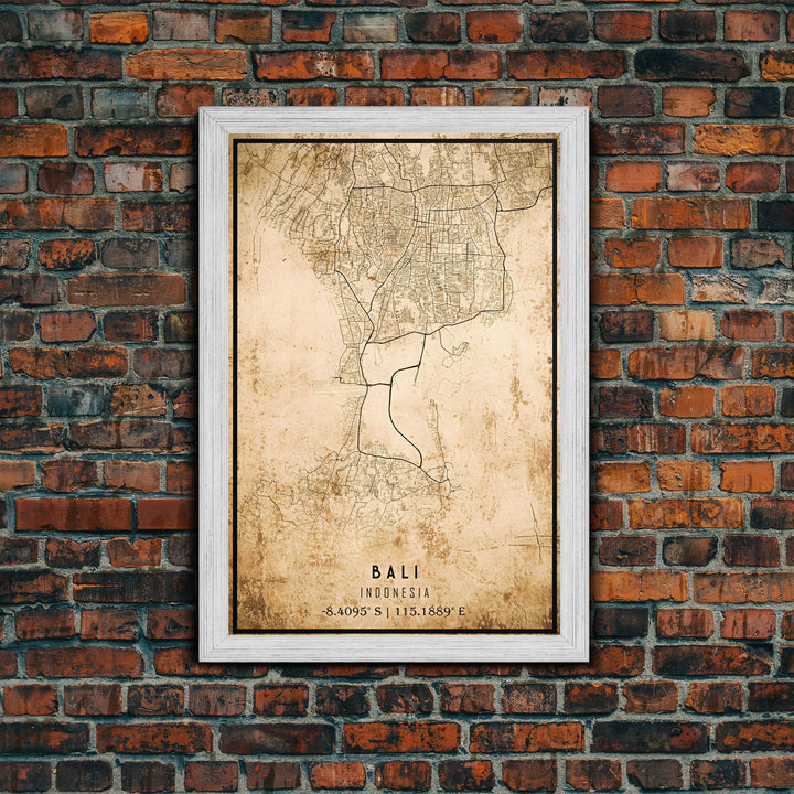 Vintage Bali Indonesia City Map Wall Art Canvas Print, Distressed Style Bali Map, Framed Wall Art, Cool Bali Travel Wall Art, Office Art