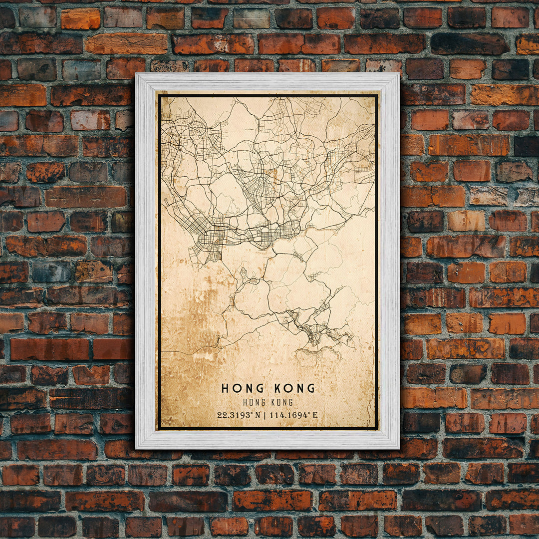 Vintage Hong Kong City Map Wall Art Canvas Print, Distressed Hong Kong Map, Framed Wall Art, Cool Hong Kong Travel Wall Art, Office Art