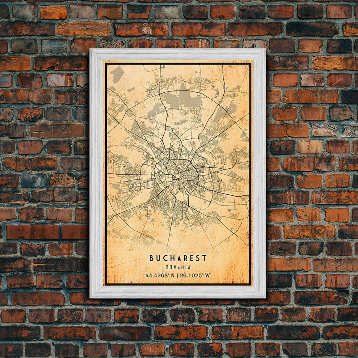 Vintage Style Bucharest City Map Wall Art Canvas Print, Distressed Bucharest Map, Framed Wall Art, Cool RomaniaTravel Wall Art, Office Art