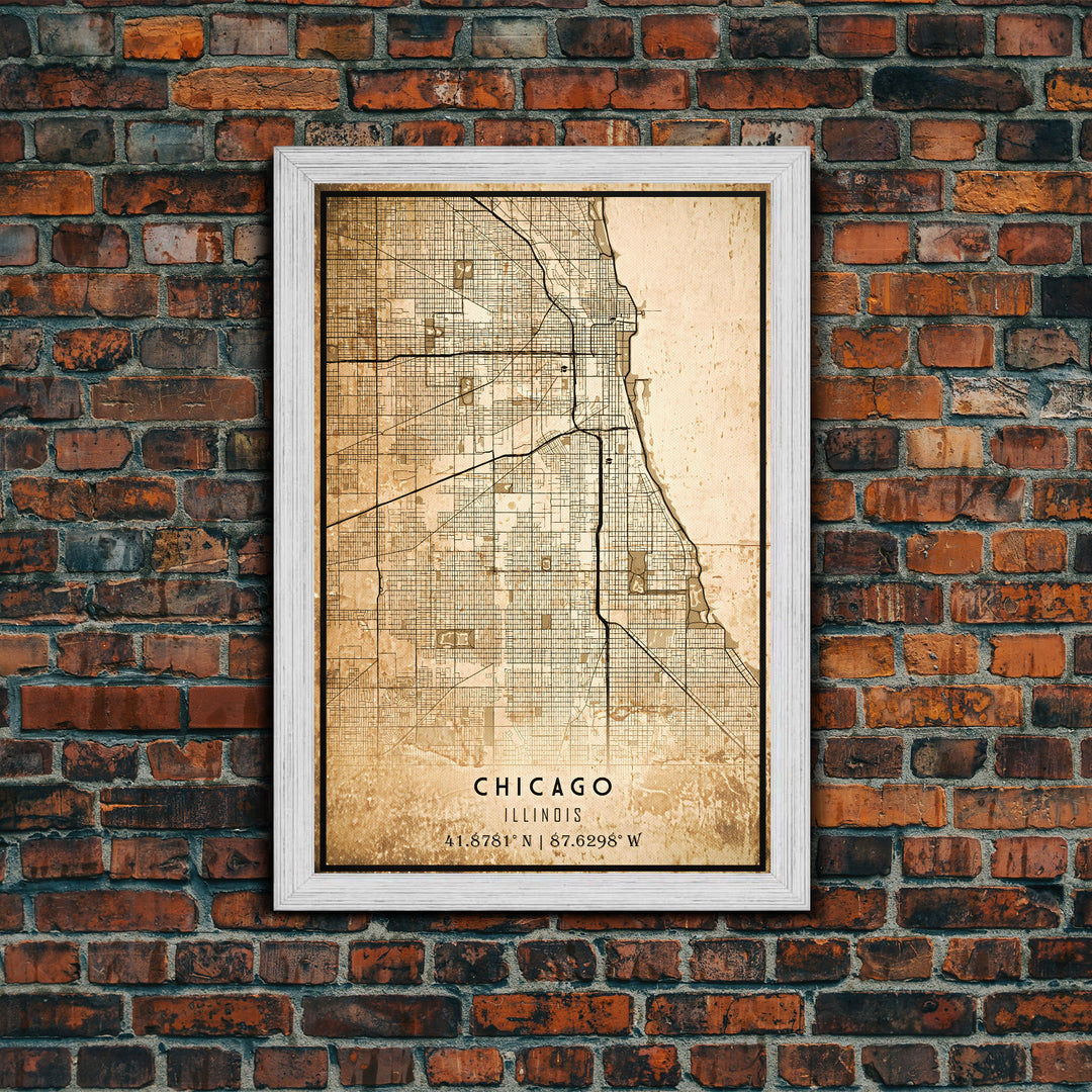 Distressed Chicago map print poster or framed canvas, Illinois road map print poster canvas, Chicago city map print poster canvas