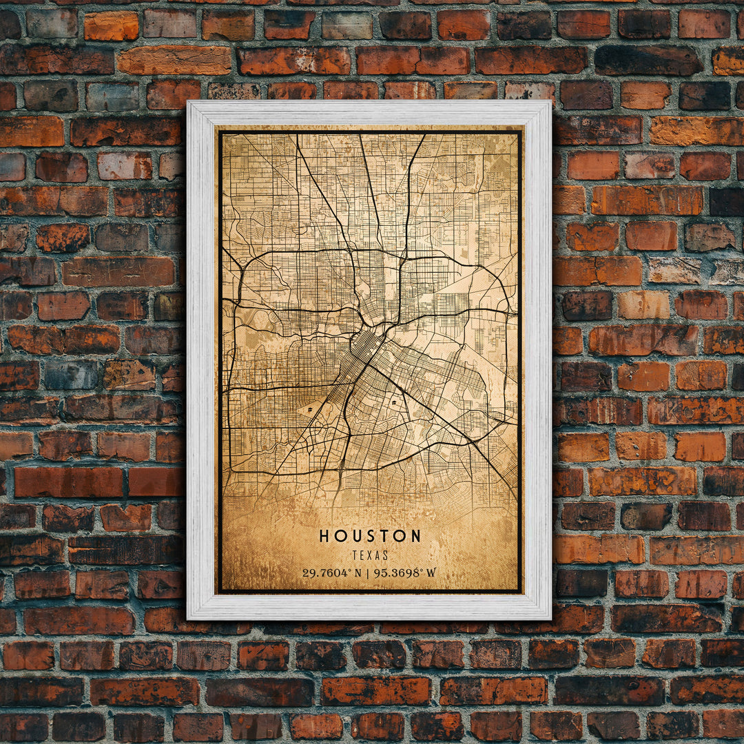 Distressed Houston map print poster canvas print, framed road map art, Texas map print poster canvas, Houston city map print poster canvas