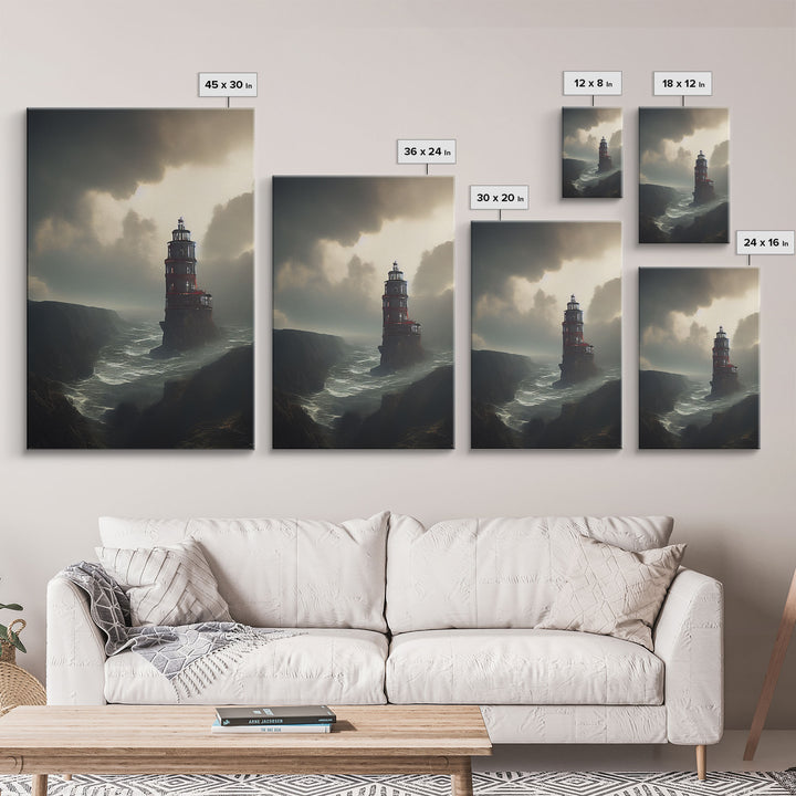 Lighthouse Protecting the Cliffs, Framed Canvas Print, Ready To Hang Framed Wall Art, Living Room Wall Hanging