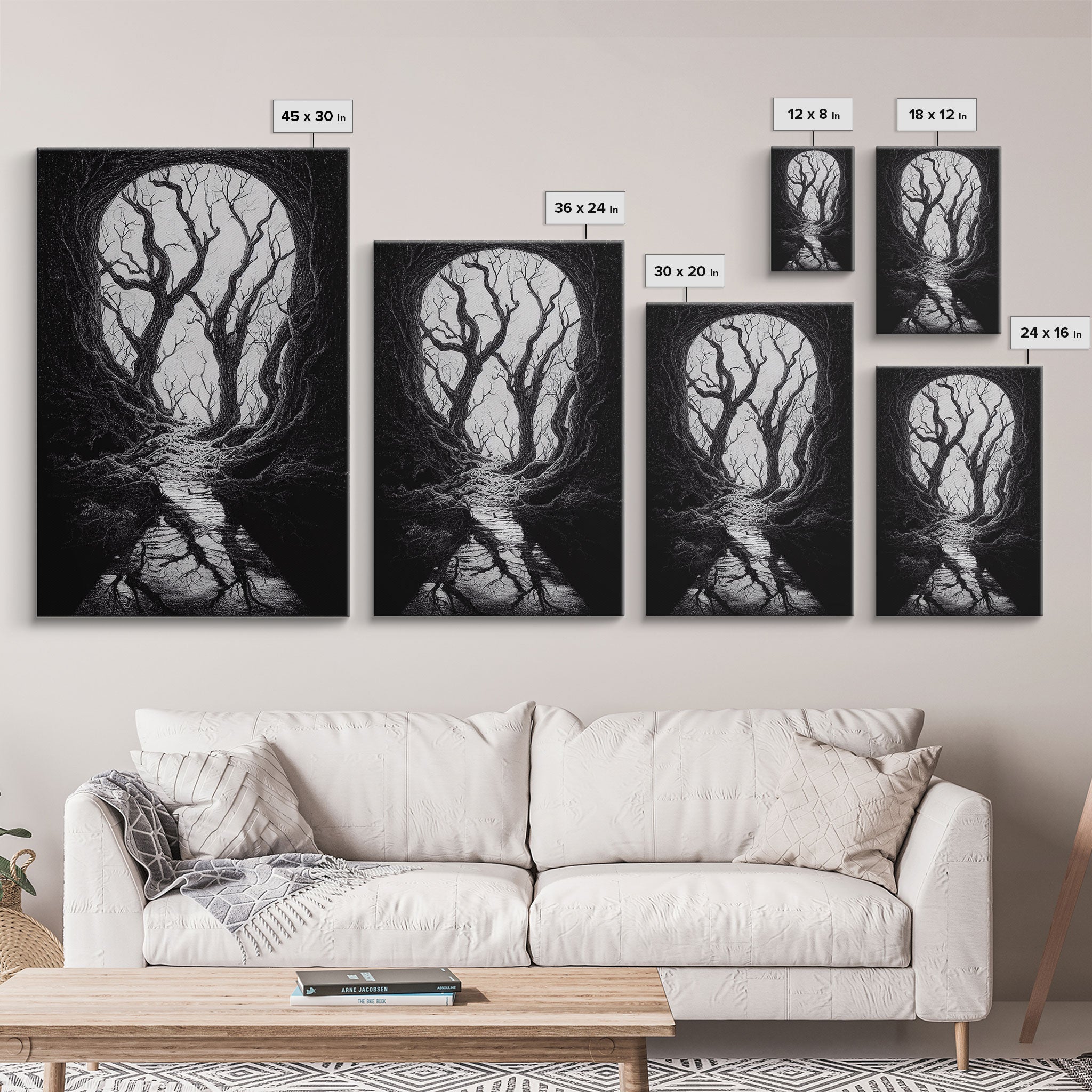 Spooky Haunted Halloween Forest, Black and White Art, Framed Canvas Print, Ready To Hang Framed Wall Art, Living Room Wall Hanging