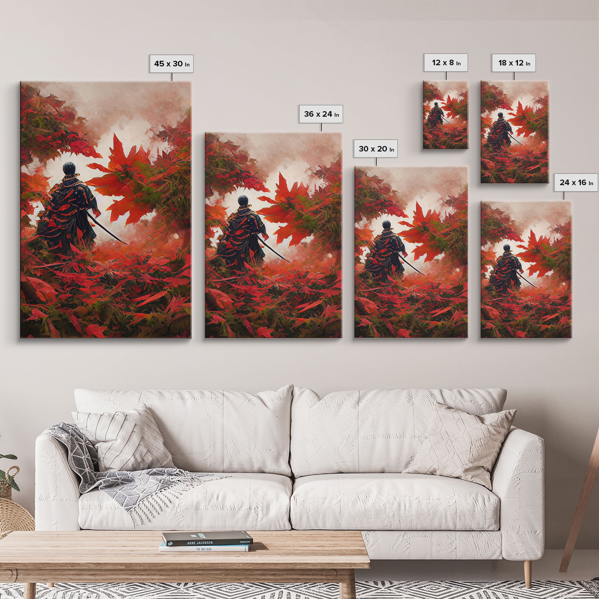 Samurai In a Japanese Maple Forest, Framed Canvas Print, Ready To Hang Framed Wall Art, Living Room Wall Hanging