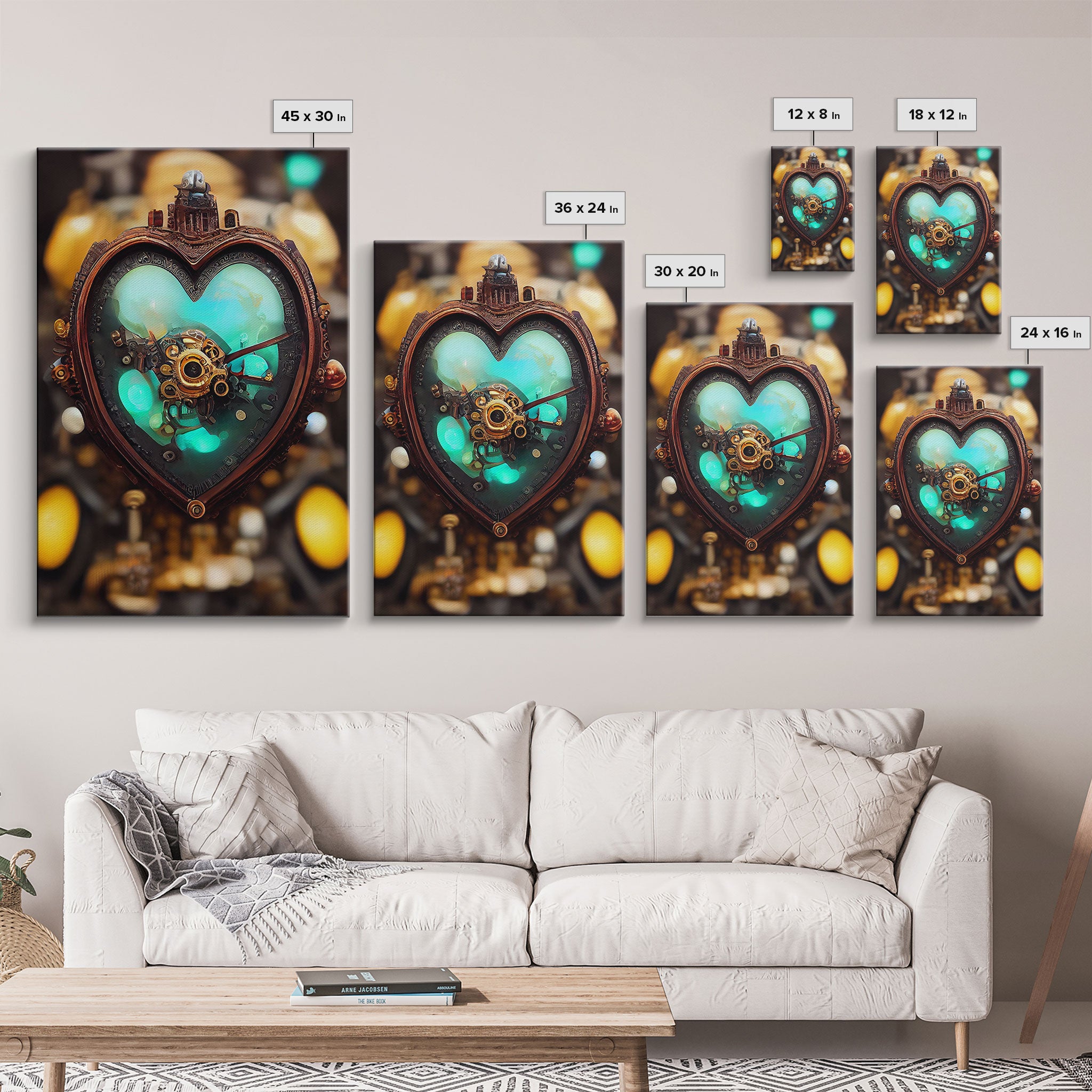 Steampunk Heart, Turquoise Crystal Heart, Framed Canvas Print, Ready To Hang Framed Wall Art, Living Room Wall Hanging