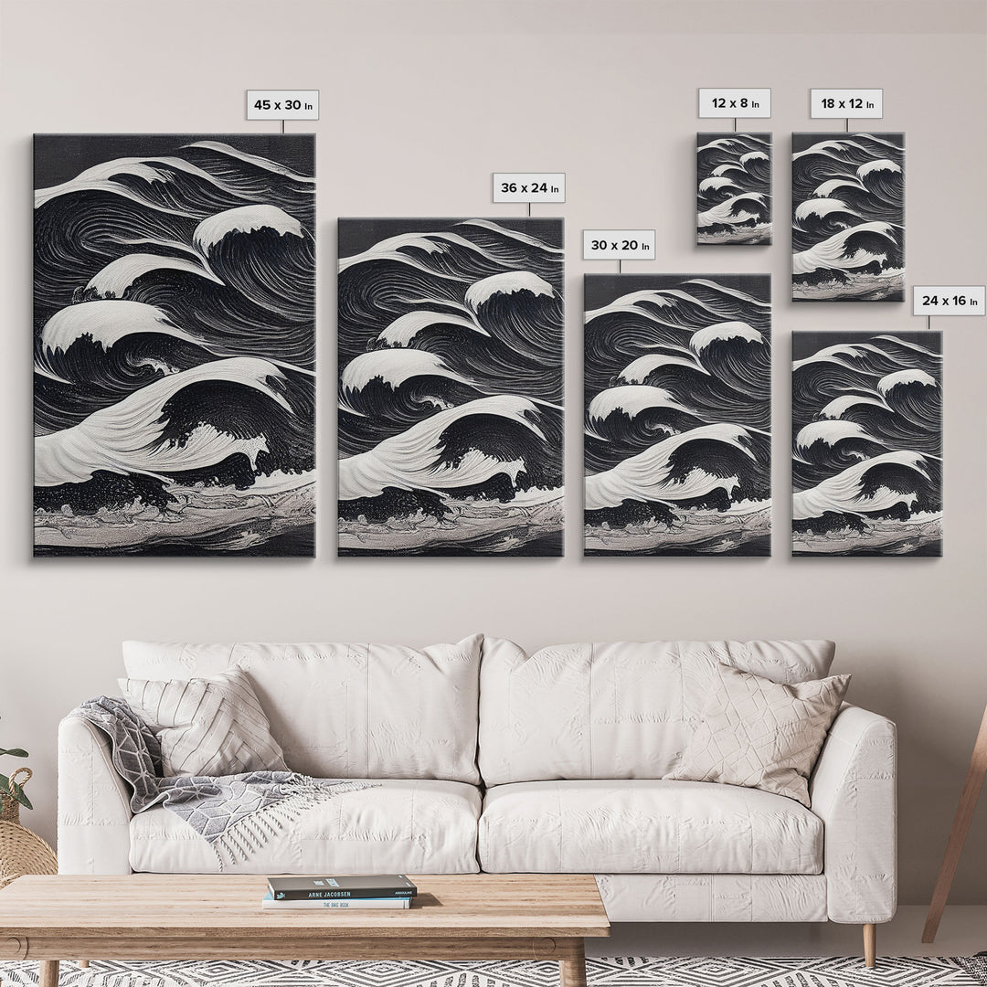 Black and White Tidal Waves, Japanese Style Art, Framed Canvas Print, Ready To Hang Framed Wall Art, Living Room Wall Decor