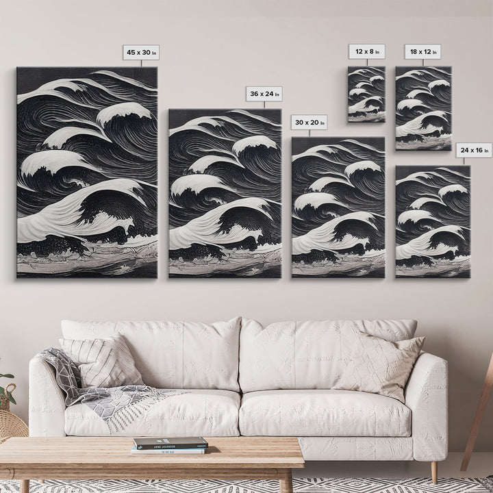 Black and White Tidal Waves, Japanese Style Art, Framed Canvas Print, Ready To Hang Framed Wall Art, Living Room Wall Decor