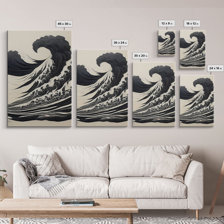 Black and White Tsunami Waves, Japanese Style Art, Framed Canvas Print, Ready To Hang Framed Wall Art, Living Room Wall Decor