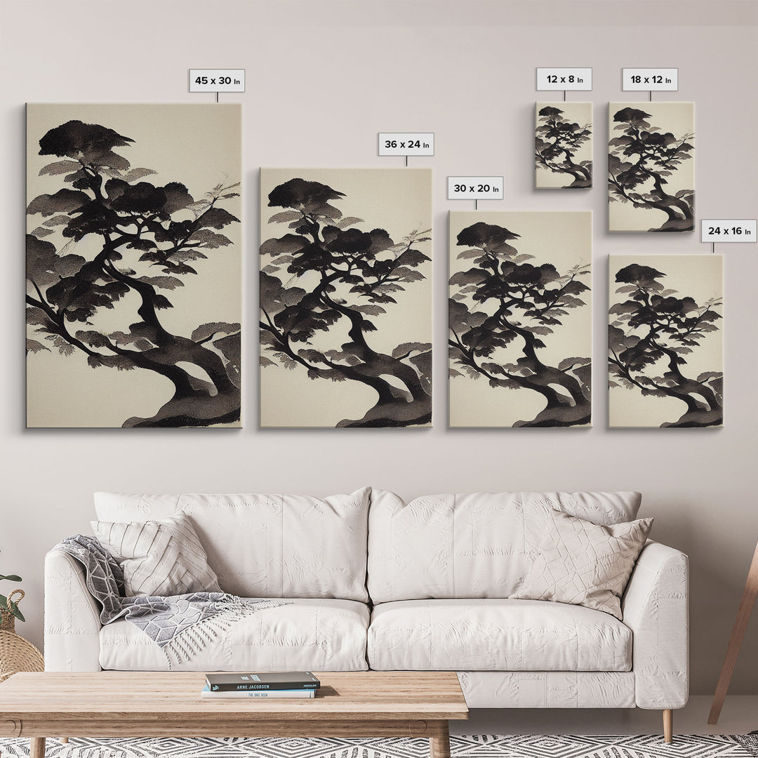 Black and White Japanese Maple Tree, Framed Canvas Print, Ready To Hang Framed Wall Art, Living Room Wall Hanging